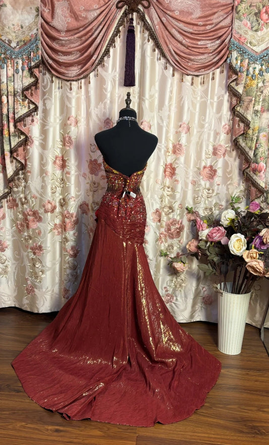 Ornate Strapless Mermaid Formal Dresses Sequins Beading Crystals Handmade Flower Prom Dress AP2652