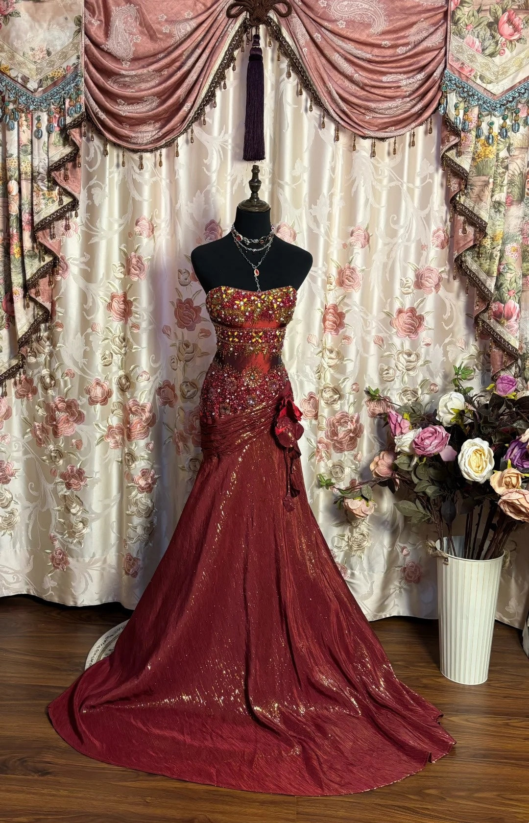 Ornate Strapless Mermaid Formal Dresses Sequins Beading Crystals Handmade Flower Prom Dress AP2652