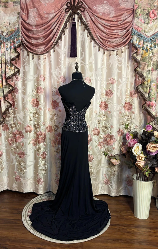 Black Strapless Mermaid Slit Formal Dresses Beading Sequins Rhinestone Prom Dress AP2656