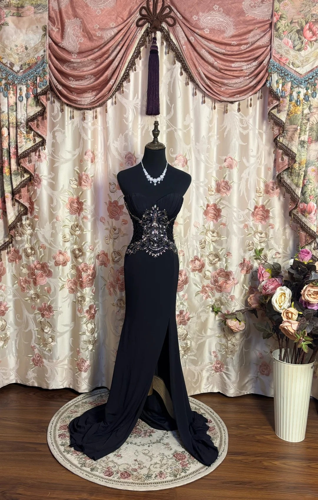 Black Strapless Mermaid Slit Formal Dresses Beading Sequins Rhinestone Prom Dress AP2656