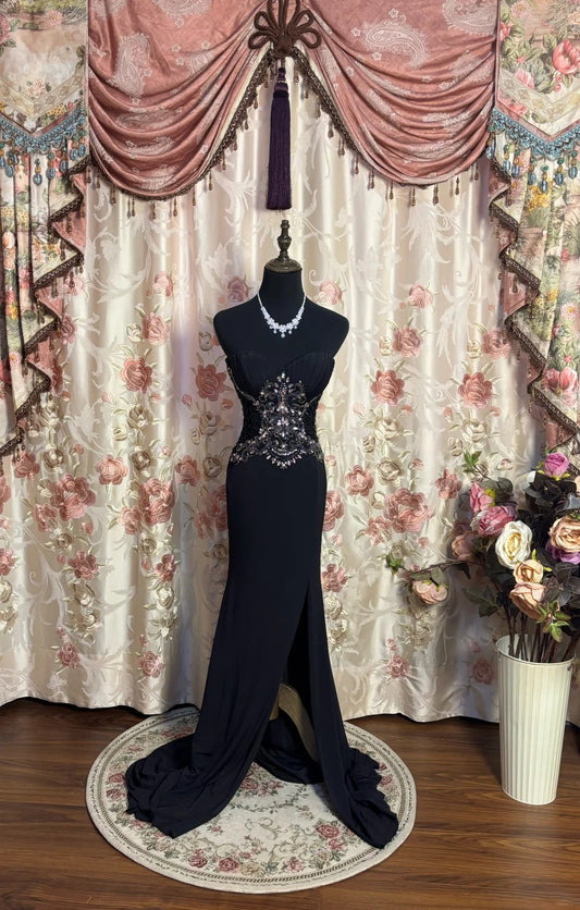 Black Strapless Mermaid Slit Formal Dresses Beading Sequins Rhinestone Prom Dress AP2656