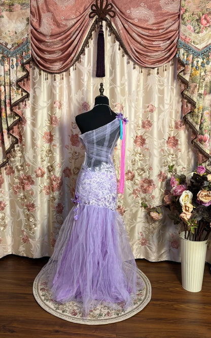 Dopamine Style One-Shoulder Mermaid Evening Gowns Beading Tassel Applique Prom Dress AP2658