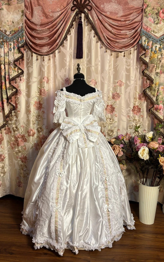 Elegant Off-Shoulder A-Line Short Sleeve Evening Dress Satin Bows Lace Sequins Beaded Prom Dress AP2661