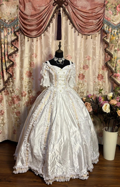 Elegant Off-Shoulder A-Line Short Sleeve Evening Dress Satin Bows Lace Sequins Beaded Prom Dress AP2661