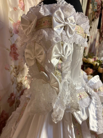 Elegant Off-Shoulder A-Line Short Sleeve Evening Dress Satin Bows Lace Sequins Beaded Prom Dress AP2661