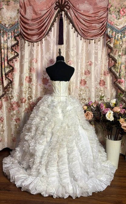 Fantastic A-Line Strapless Ruffled Bridal Gowns Beading Sequins Appliques Feather Wedding Dress AP2663