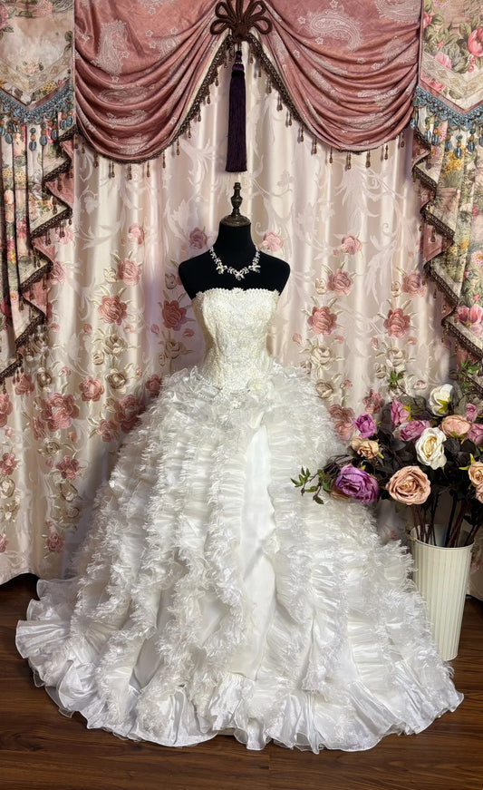 Fantastic A-Line Strapless Ruffled Bridal Gowns Beading Sequins Appliques Feather Wedding Dress AP2663