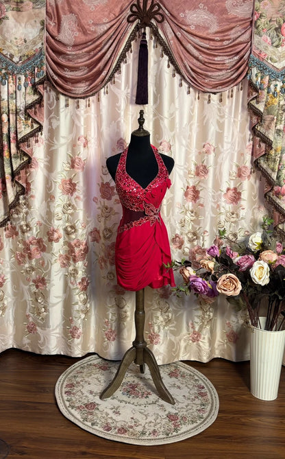 Cute Ruched A-Line Halter Neck Birthday Dresses Sequins Beading Rhinestone Homecoming Dress AP2665