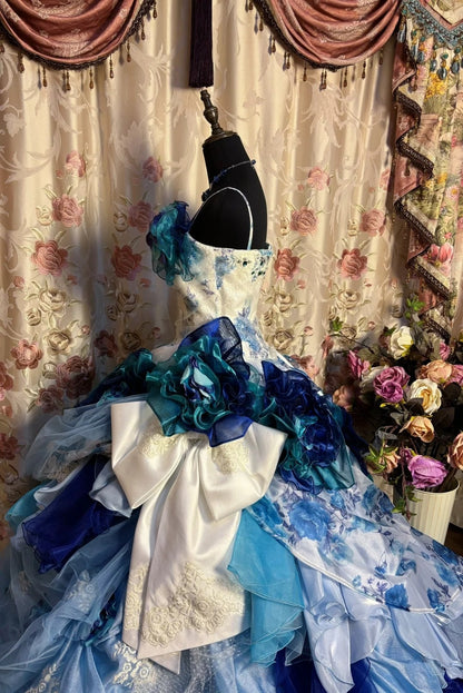 Vintage Spaghetti Strap A-Line Prom Dress Sequins Handmade Flowers Bow Appliques Beaded Formal Dresses AP2666