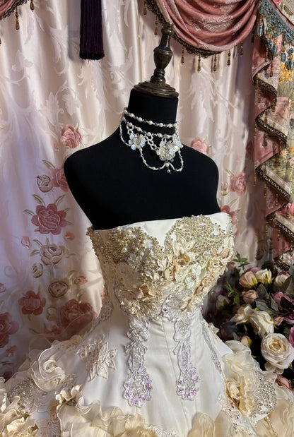 Artistic Strapless A-Line Evening Dresses Sequins Beaded Handmade Flowers Appliques Prom Dress AP2667