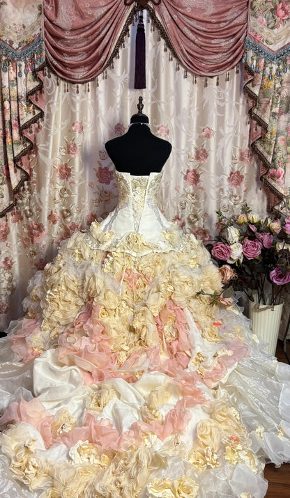 Artistic Strapless A-Line Evening Dresses Sequins Beaded Handmade Flowers Appliques Prom Dress AP2667