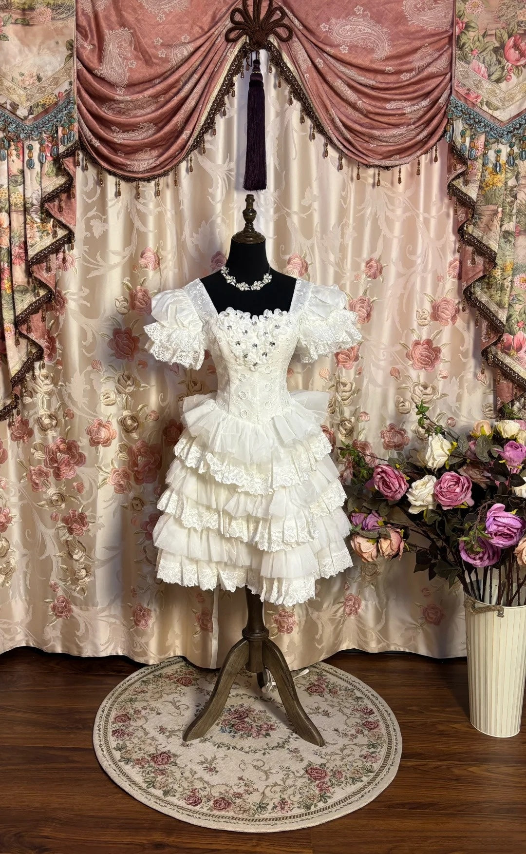 Sheen A-Line Square Neck Short Sleeve Birthday Outfit Beaded Appliques Tiered Homecoming Dress AP2670