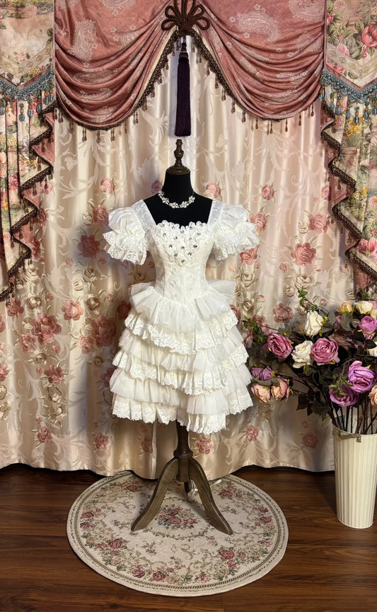 Sheen A-Line Square Neck Short Sleeve Birthday Outfit Beaded Appliques Tiered Homecoming Dress AP2670