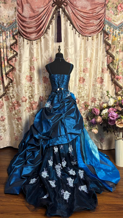 A-Line Prom Dress Spaghetti Strap Appliques Beaded Sequins Handmade Flowers Formal Dresses AP2672