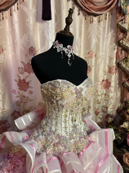 Ruffled Strapless A-Line Evening Dresses Sequins Handmade Flowers Appliques Rhinestone Prom Dress AP2675