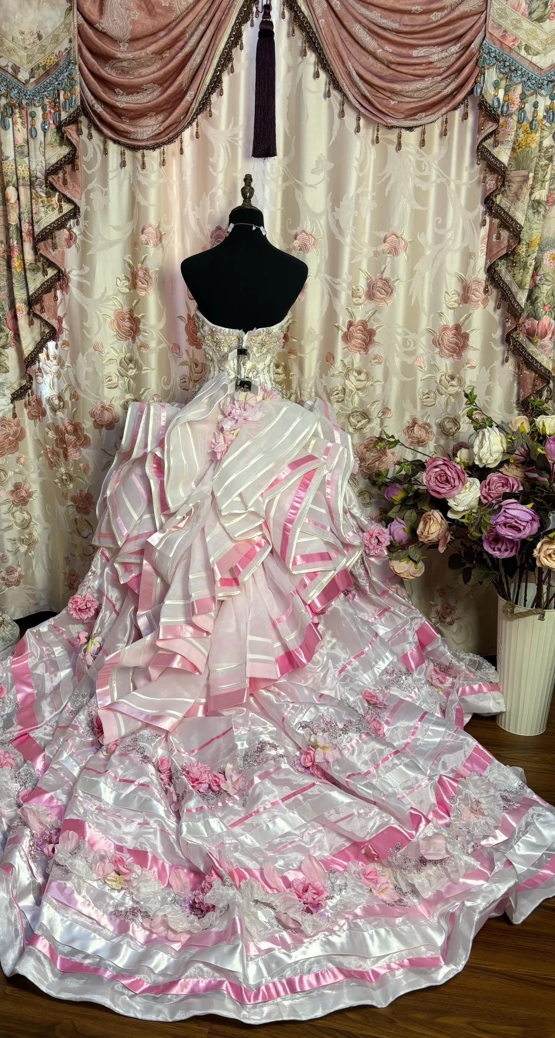 Ruffled Strapless A-Line Evening Dresses Sequins Handmade Flowers Appliques Rhinestone Prom Dress AP2675