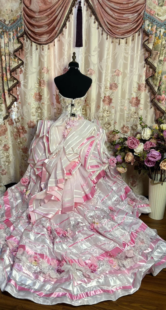 Ruffled Strapless A-Line Evening Dresses Sequins Handmade Flowers Appliques Rhinestone Prom Dress AP2675