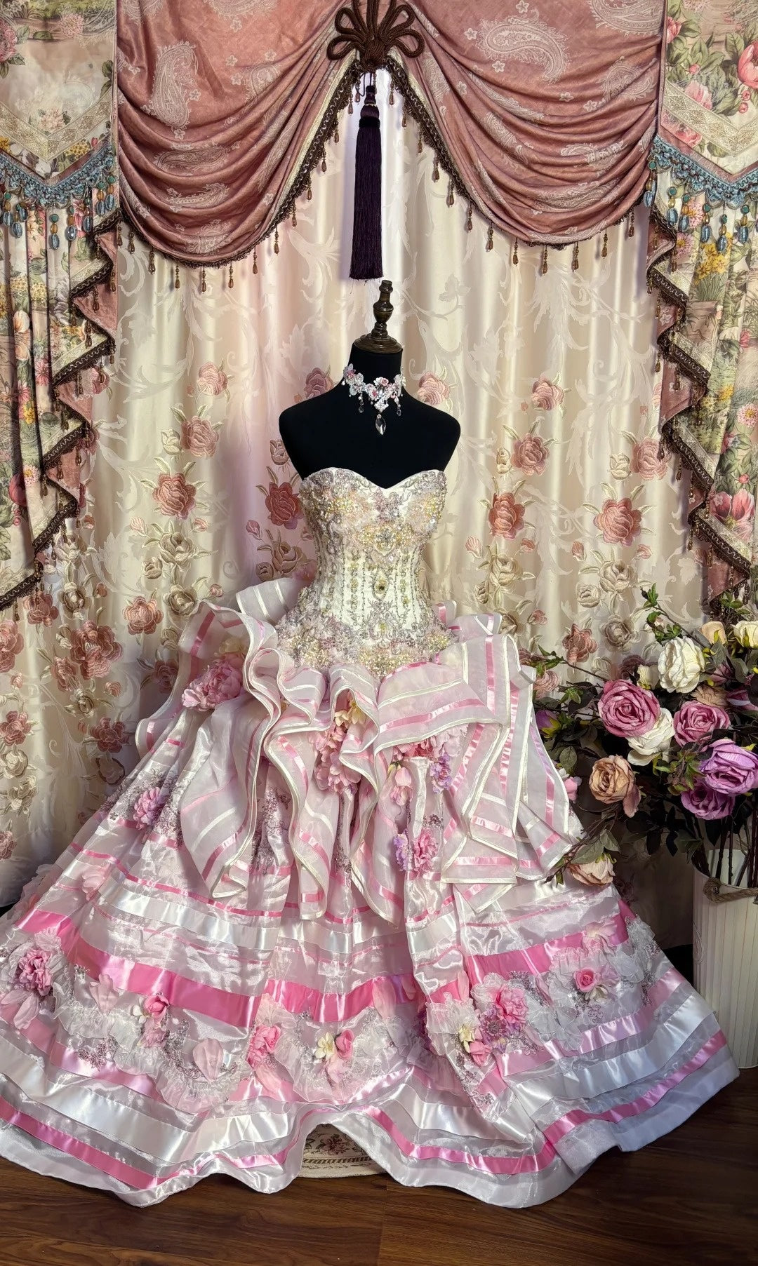 Ruffled Strapless A-Line Evening Dresses Sequins Handmade Flowers Appliques Rhinestone Prom Dress AP2675