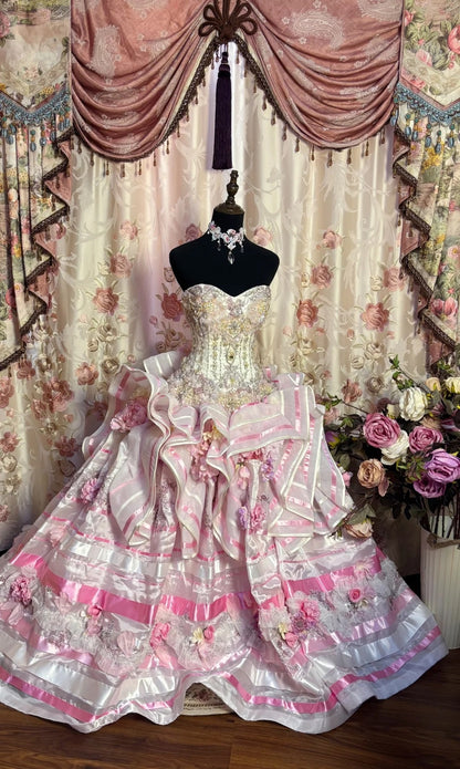 Ruffled Strapless A-Line Evening Dresses Sequins Handmade Flowers Appliques Rhinestone Prom Dress AP2675