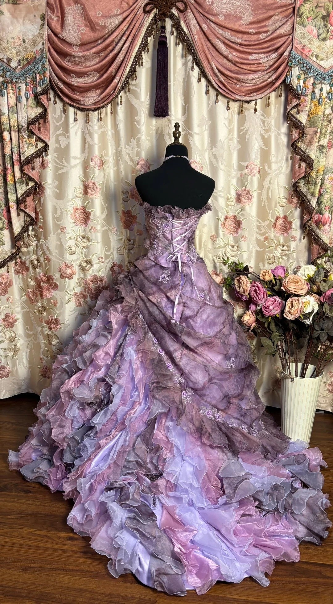 Dramatic Strapless Evening Gowns A-Line Handmade Flowers Sequins Beaded Appliques Ruffled Prom Dress AP2679