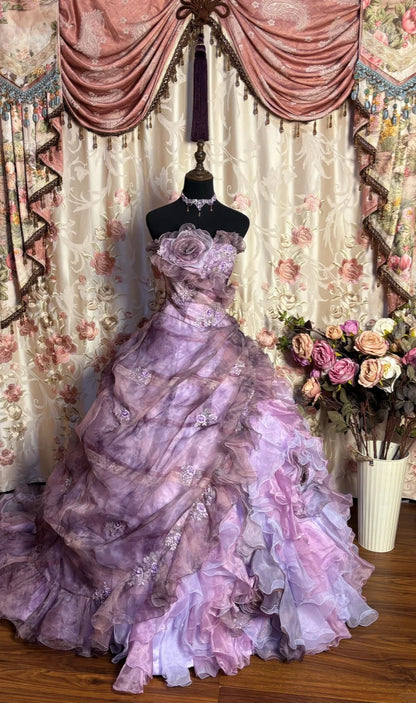 Dramatic Strapless Evening Gowns A-Line Handmade Flowers Sequins Beaded Appliques Ruffled Prom Dress AP2679