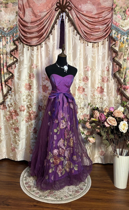 Simple Strapless A-Line Evening Gowns Handmade Flowers Purple Prom Dress AP2688