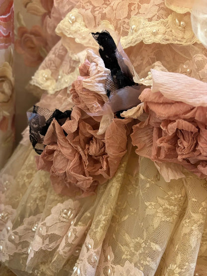 Stylish Strapless A-Line Evening Gowns Beaded Pearls 3D Flowers Tiered Prom Dress AP2695