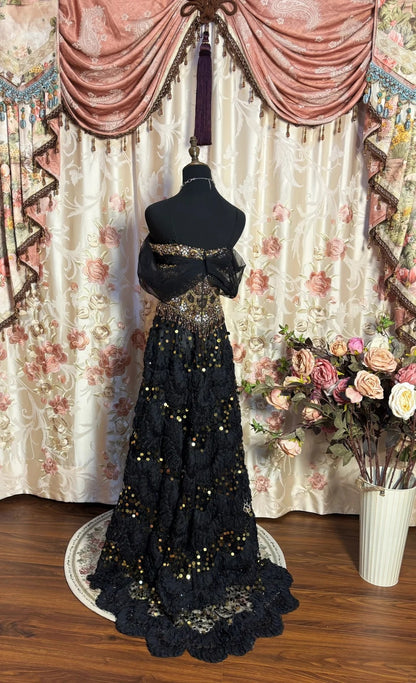 Fitted Black A-Line Off Shoulder Evening Gowns Beading Tassel Rhinestone Sequins Prom Dress AP2696