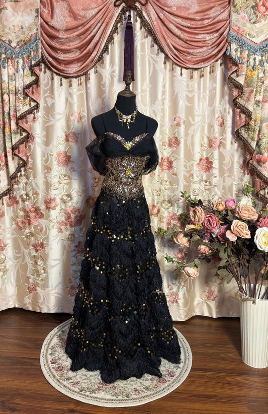 Fitted Black A-Line Off Shoulder Evening Gowns Beading Tassel Rhinestone Sequins Prom Dress AP2696