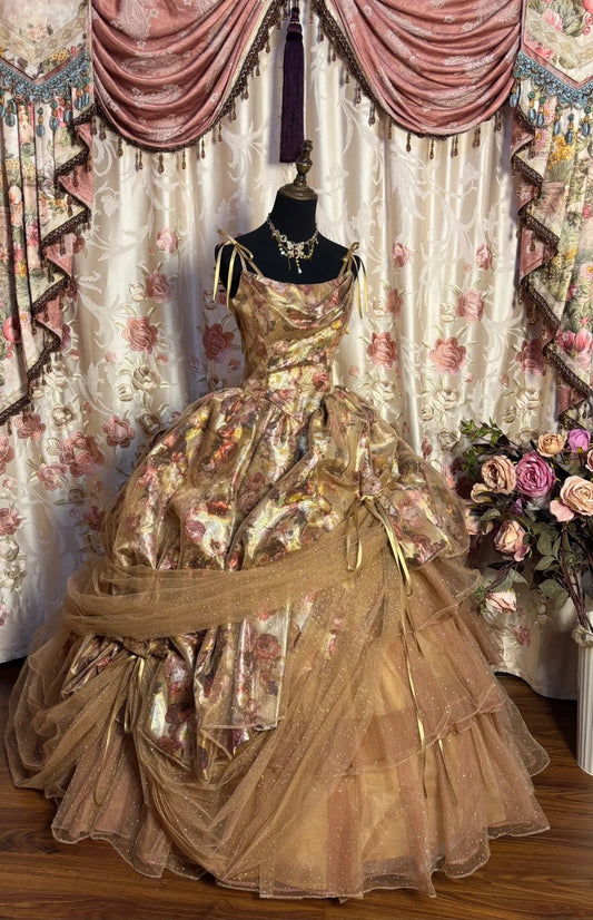 Trendy A-Line Spaghetti Strap Prom Dress Floral Print Sequins Tulle Tiered Formal Dresses AP2699