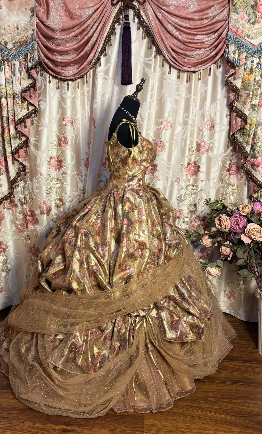 Trendy A-Line Spaghetti Strap Prom Dress Floral Print Sequins Tulle Tiered Formal Dresses AP2699