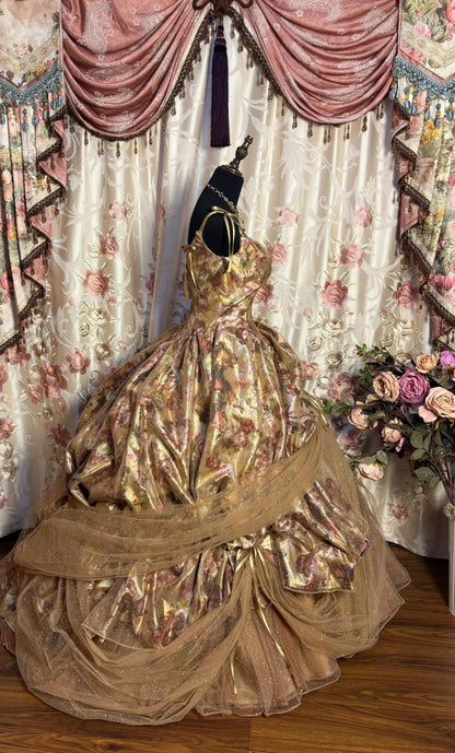 Trendy A-Line Spaghetti Strap Prom Dress Floral Print Sequins Tulle Tiered Formal Dresses AP2699