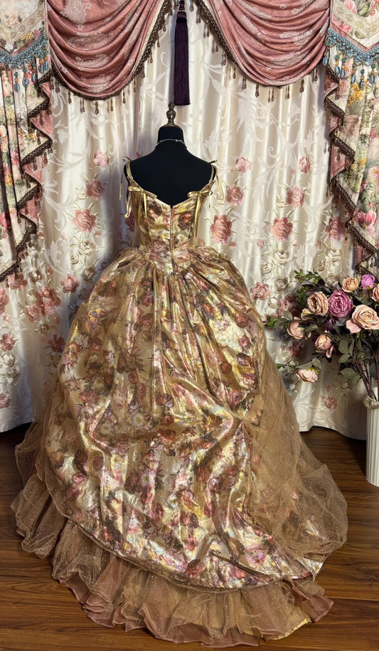 Trendy A-Line Spaghetti Strap Prom Dress Floral Print Sequins Tulle Tiered Formal Dresses AP2699