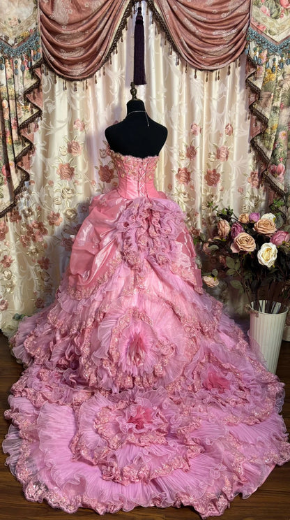 Pretty Strapless A-Line Evening Gowns Handmade Flowers Sequins Beading Appliques Prom Dress AP2700