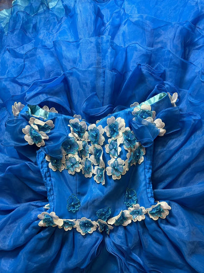 Blue A-Line Off Shoulder Evening Gowns Appliques Beaded Ruffled Prom Dress AP2702