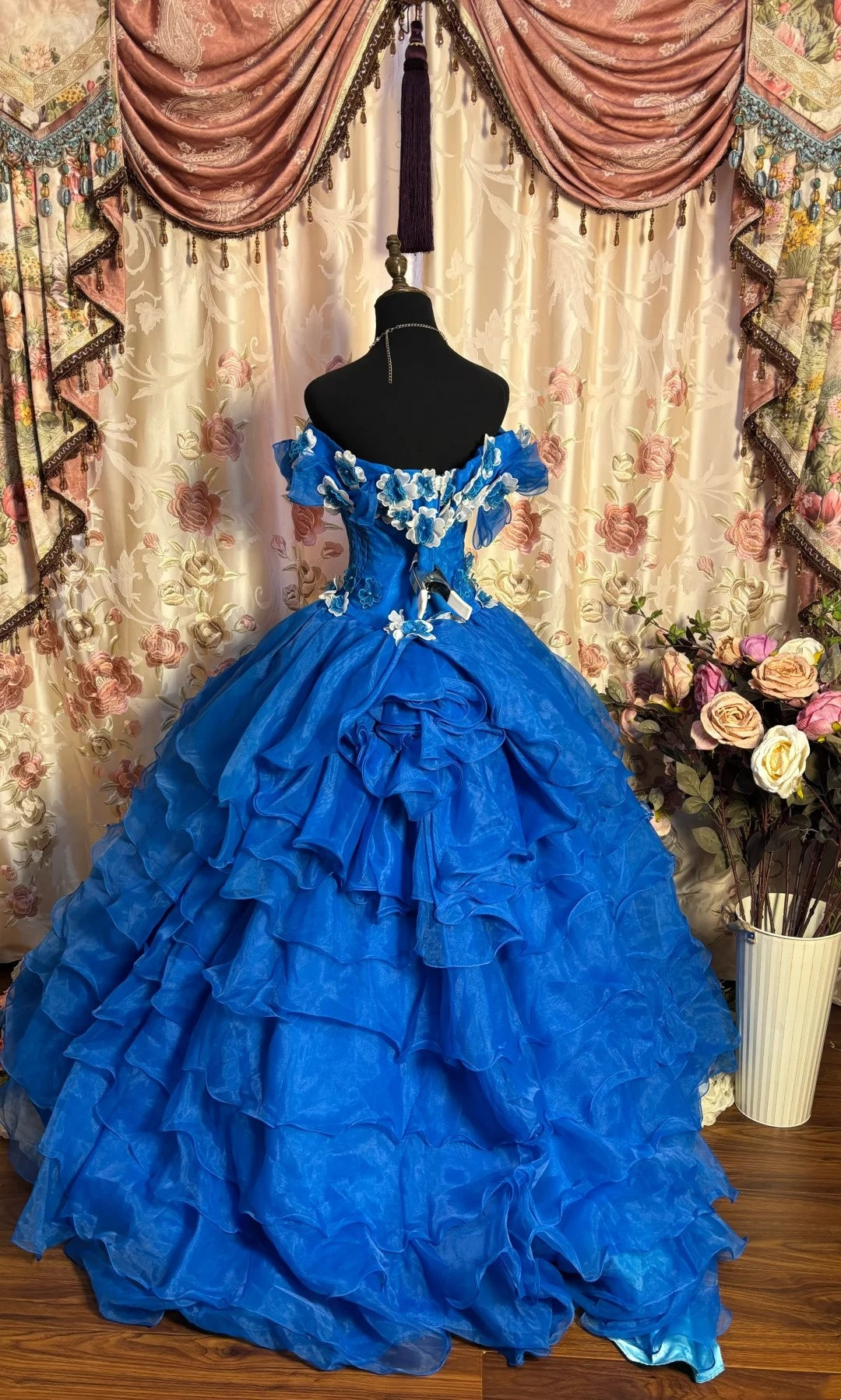 Blue A-Line Off Shoulder Evening Gowns Appliques Beaded Ruffled Prom Dress AP2702
