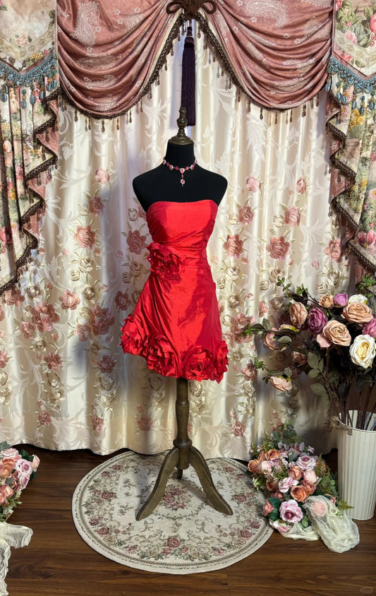 Sexy Strapless Sheath Birthday Outfits Sequins Handmade Flowers Red Homecoming Dress AP2703