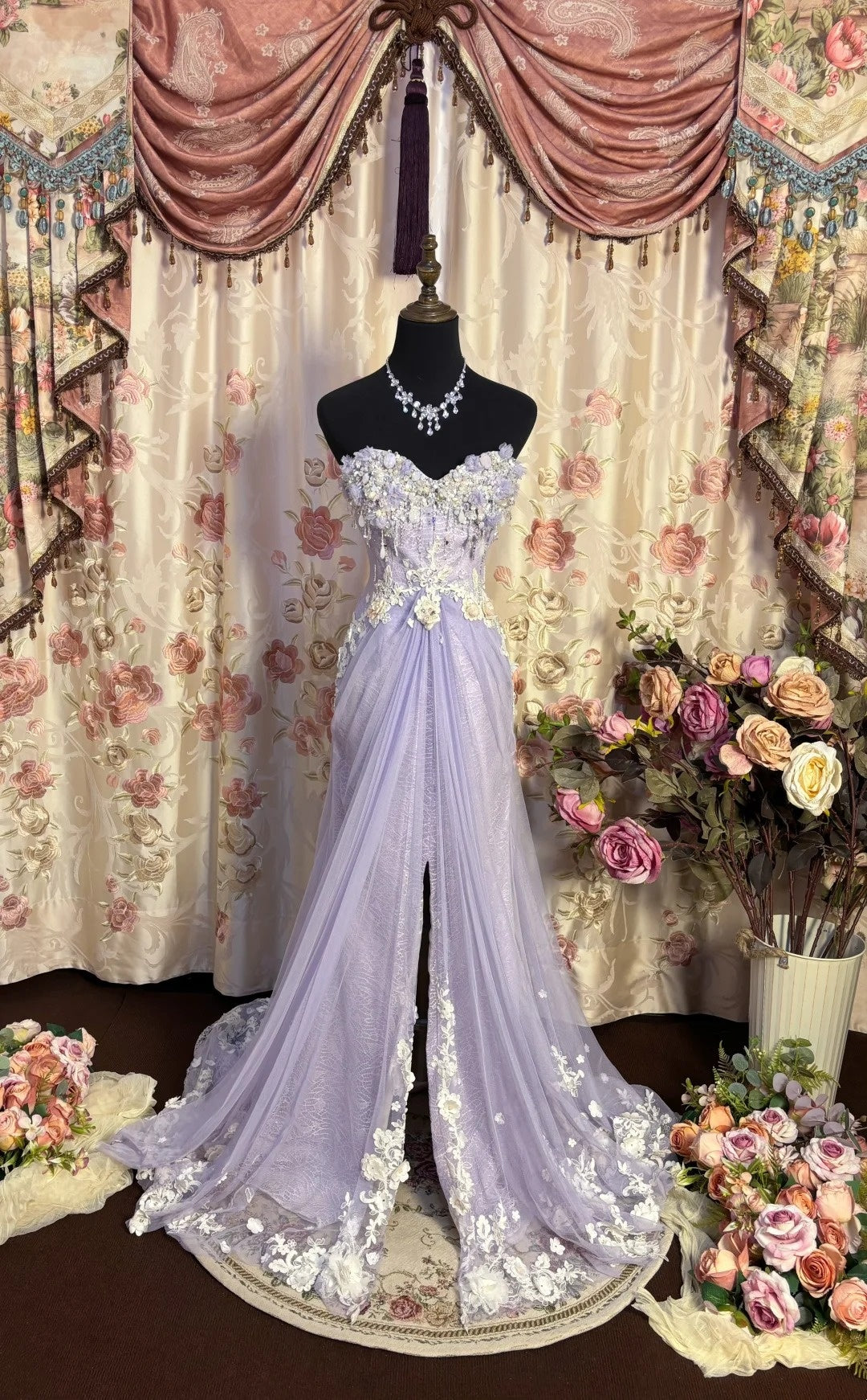 Chic Strapless Mermaid Evening Gowns With Slit Sequins Beading Crystal Appliques Prom Dress AP2711