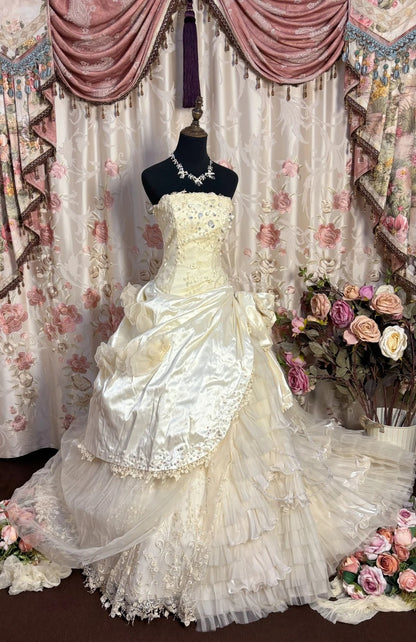 Luxurious A-Line Strapless Bridal Gowns Bow Rhinestone Beading Sequins Appliques Lace Wedding Dress AP2712