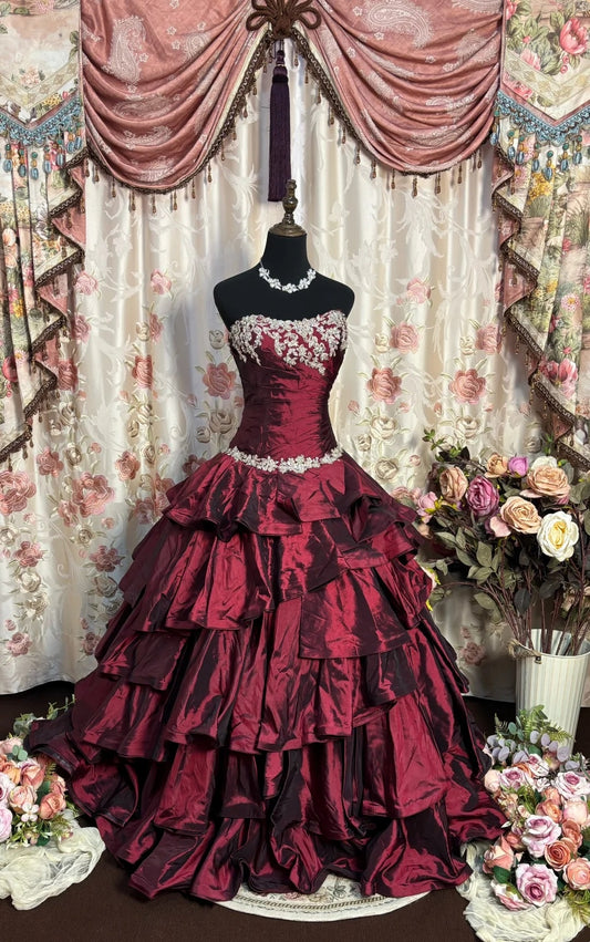 Graceful Strapless A-Line Red Evening Gowns Sequins Beading Appliques Prom Dress AP2714