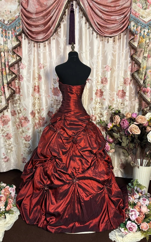 Fantastic Strapless A-Line Evening Dresses Feather Red Handmade Flowers Crystals Prom Dress AP2717