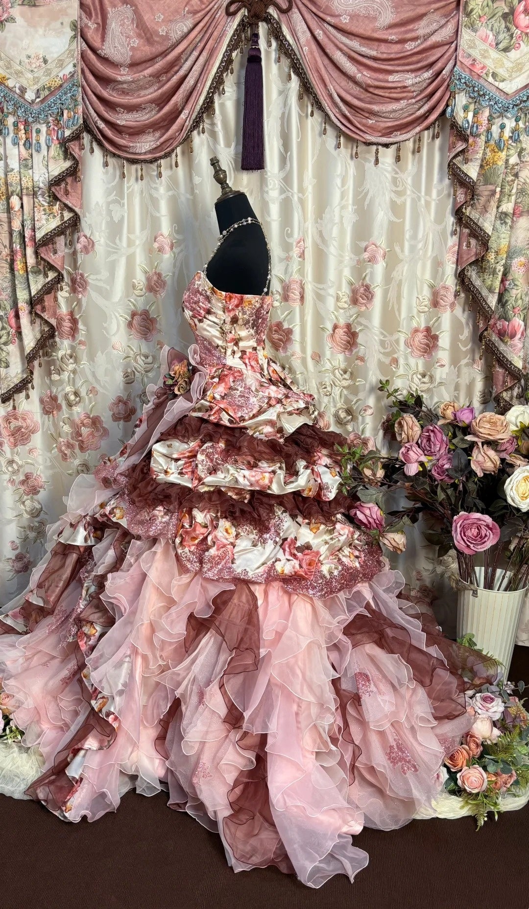 Cute Strapless A-Line Evening Dresses 3D Flowers Sequins Ruffles Tulle Prom Dress AP2719