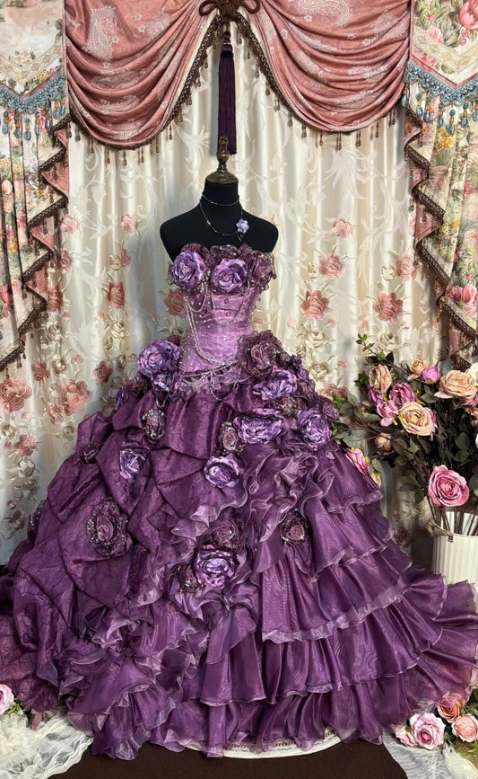 3D Floral Strapless A-Line Evening Dresses Sequins Beading Appliques Prom Dress AP2724