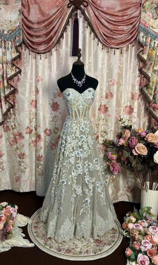 Glam A-Line Strapless Engagement Gowns Beading Appliques Sequins Wedding Dress AP2729