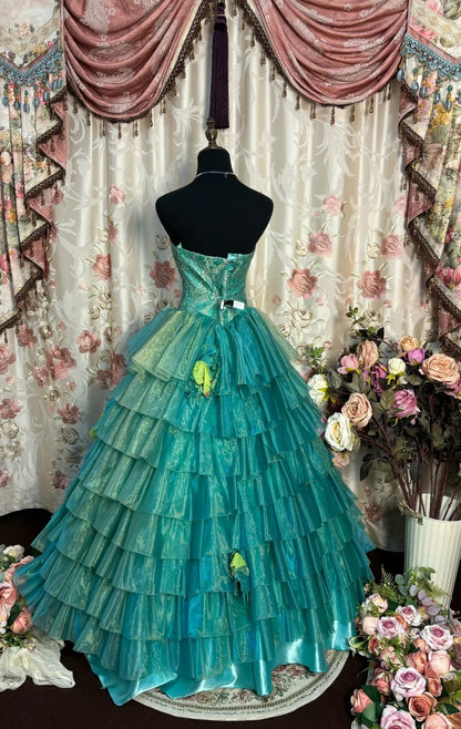 Novelty Strapless A-Line Evening Dresses Beading Lace Handmade Flowers Prom Dress AP2733