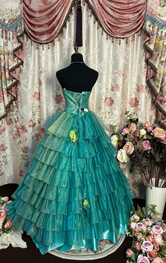 Novelty Strapless A-Line Evening Dresses Beading Lace Handmade Flowers Prom Dress AP2733