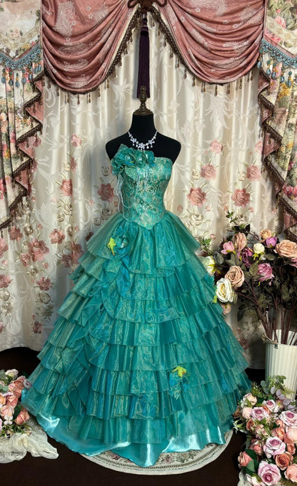 Novelty Strapless A-Line Evening Dresses Beading Lace Handmade Flowers Prom Dress AP2733
