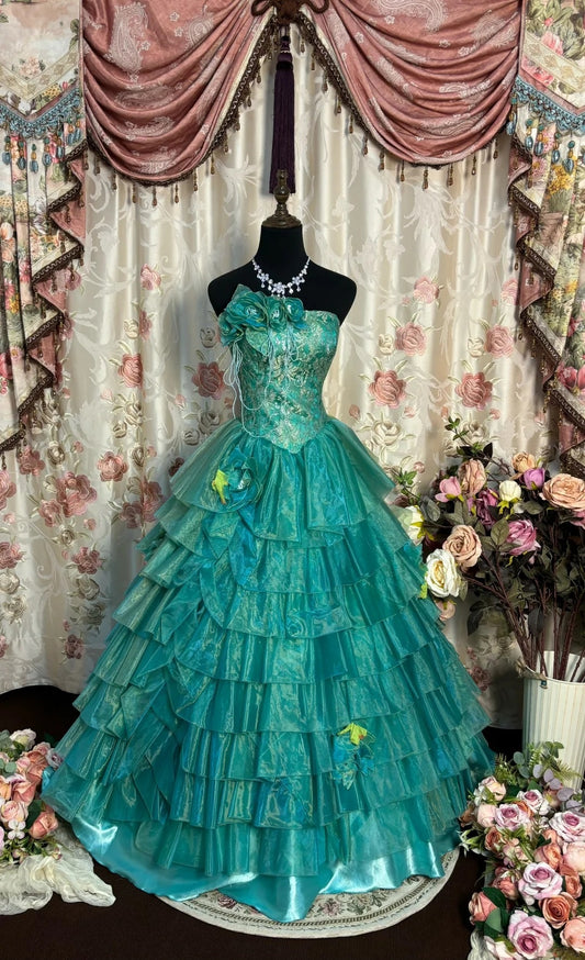 Novelty Strapless A-Line Evening Dresses Beading Lace Handmade Flowers Prom Dress AP2733