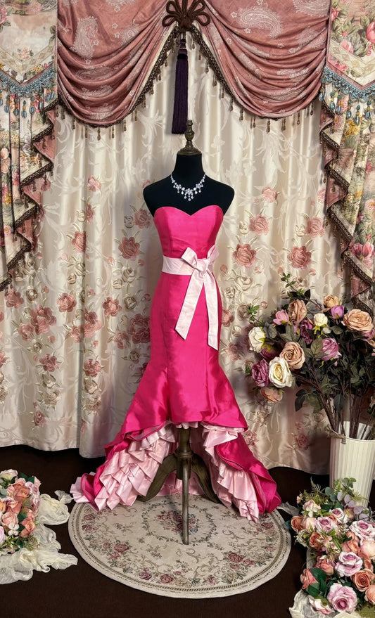 Minimalist Strapless Mermaid Evening Gowns Bow Ruffles Hi-Lo Prom Dress AP2735