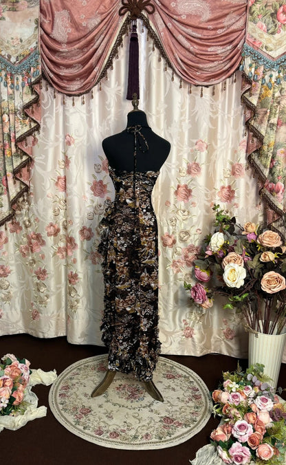 Fashionable Halter Neck Sheath Long Evening Gowns Floral Print Ruffles Prom Dress AP2736